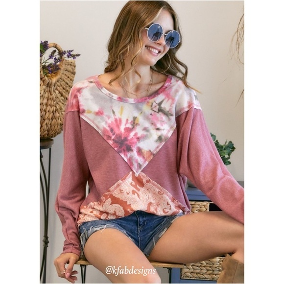 LAST 1! Pink Color Block Paisley/Tie Dye Print Super Soft Top! - Picture 1 of 8